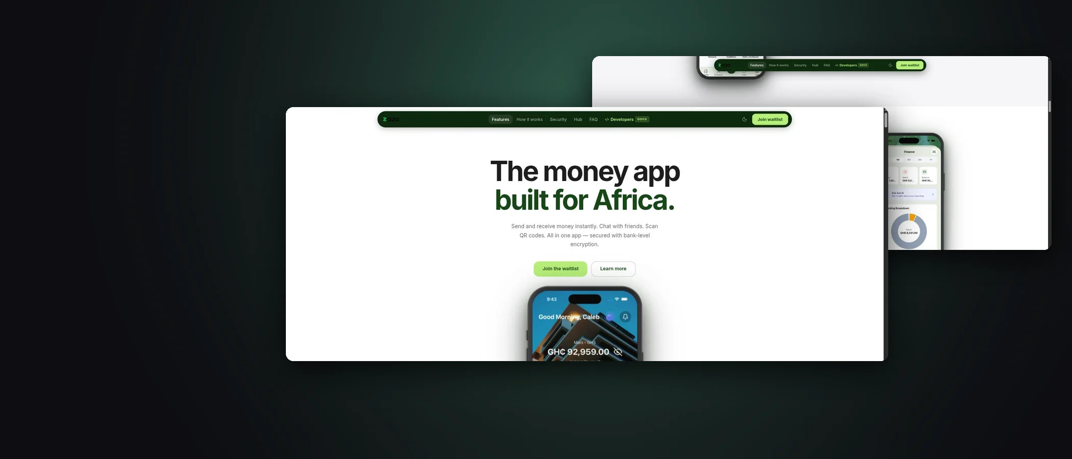 The Aza site reading the money app built for Africa, beside the pay-in-chat feature with a spending breakdown
