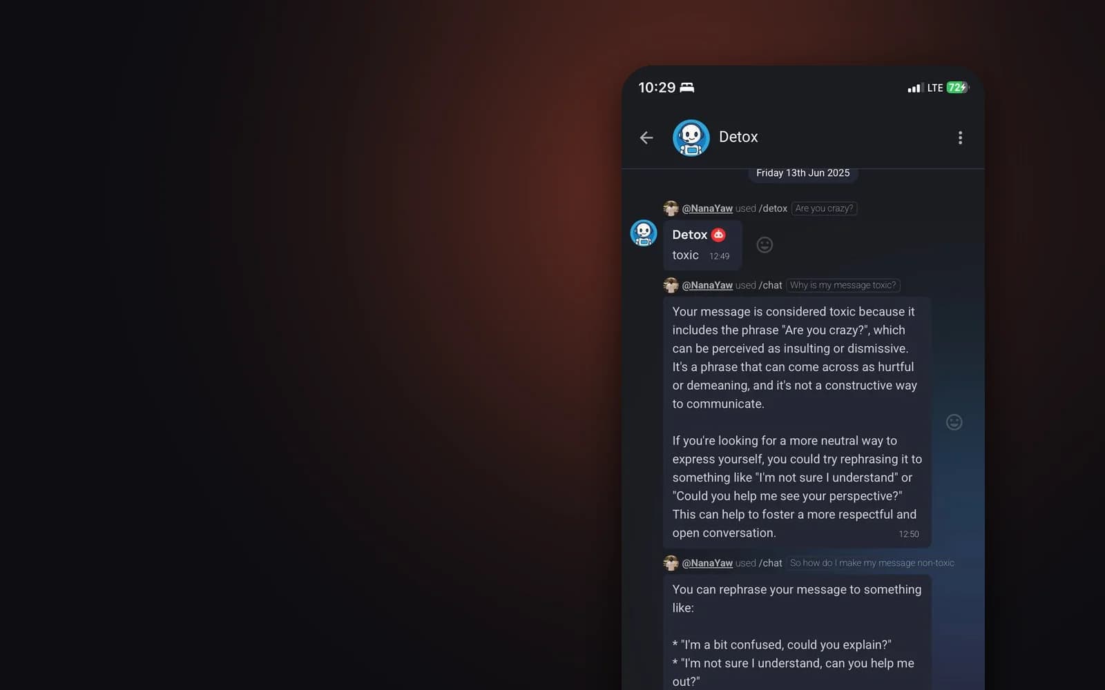 The Detox bot in an OpenChat conversation, explaining why a message reads as toxic and suggesting kinder rewordings