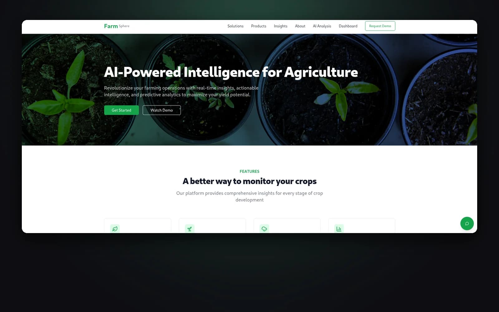 FarmSphere landing page reading AI-Powered Intelligence for Agriculture over seedlings in pots