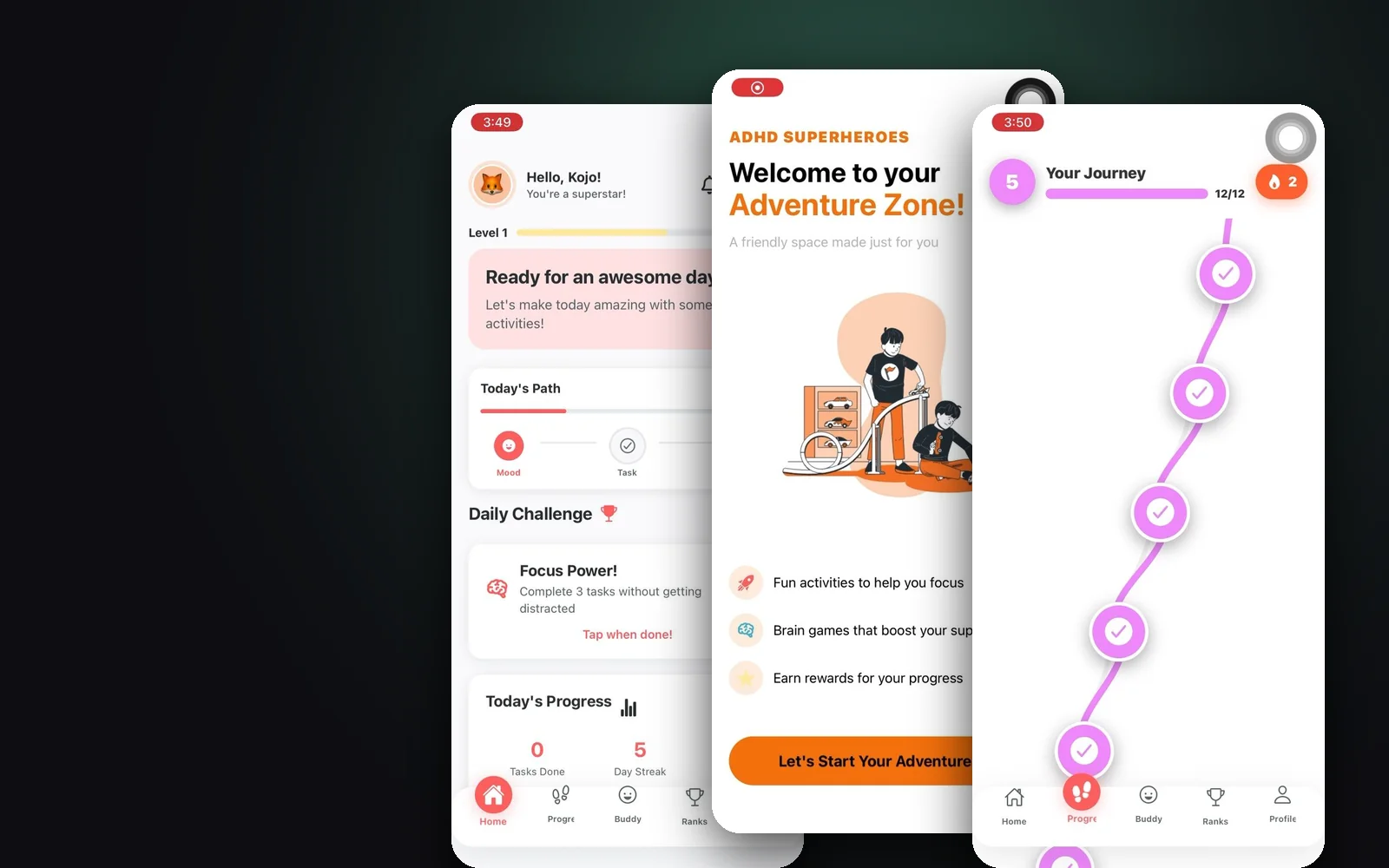 Three Focus screens: the child home with level progress, the ADHD Superheroes welcome, and the journey map