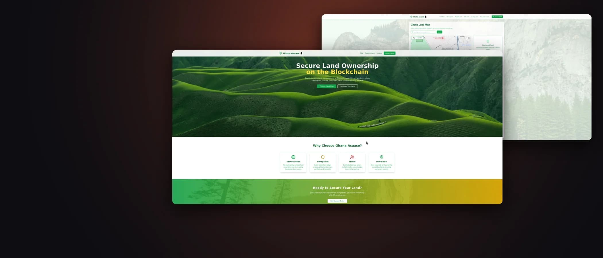 Two Ghana Asaase views: the landing page and the interactive land map of registered parcels across Accra