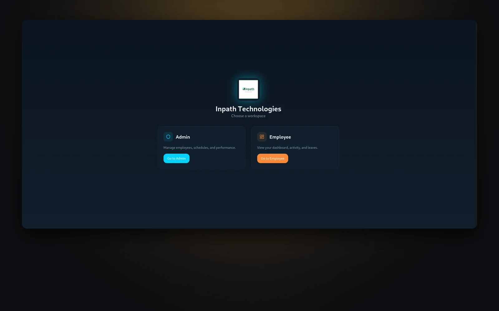 Inpath Technologies workspace chooser, offering an admin workspace and an employee workspace