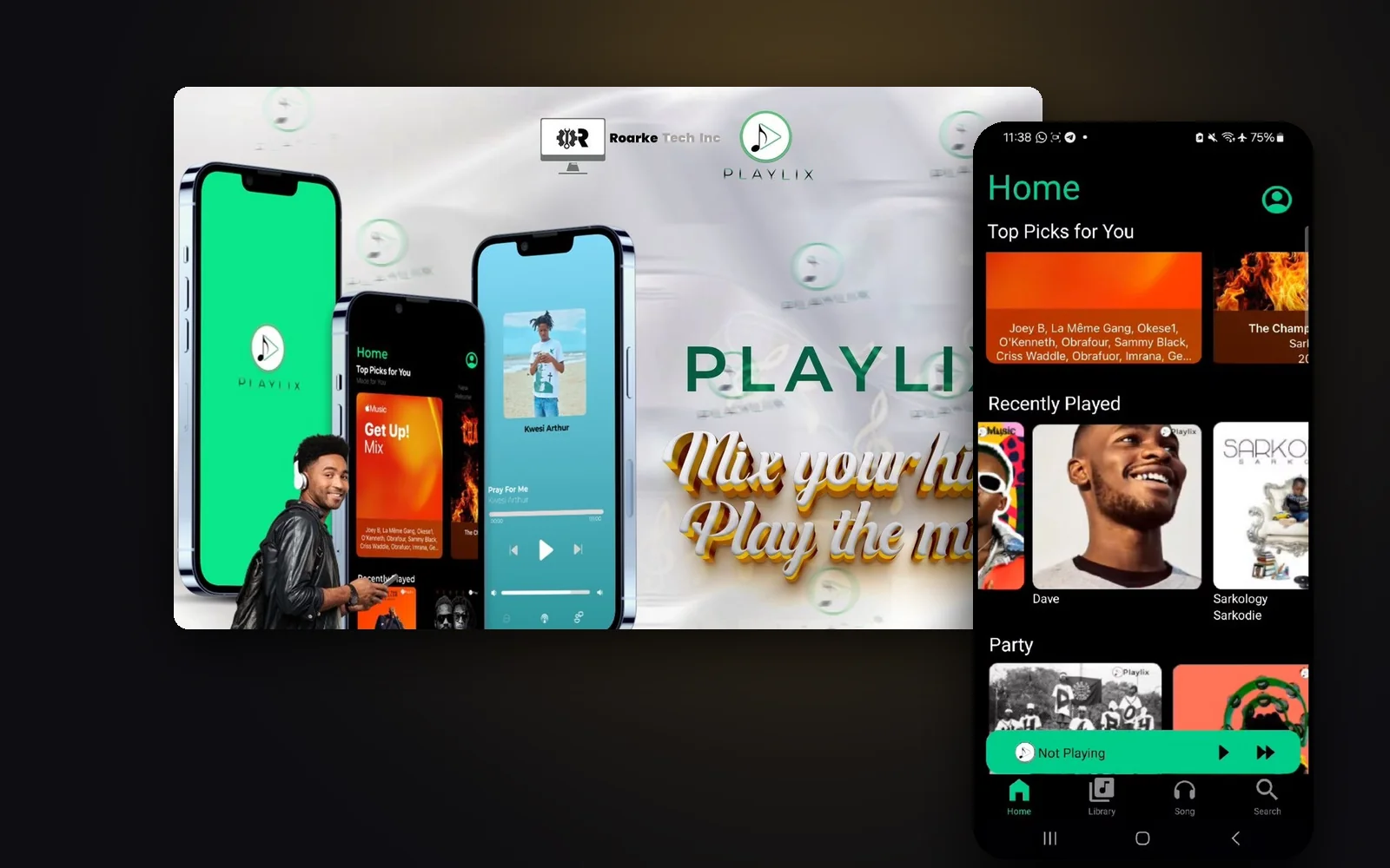 Playlix promotional art showing the splash, home and now-playing screens, beside the live home screen of top picks and party playlists built around Ghanaian artists