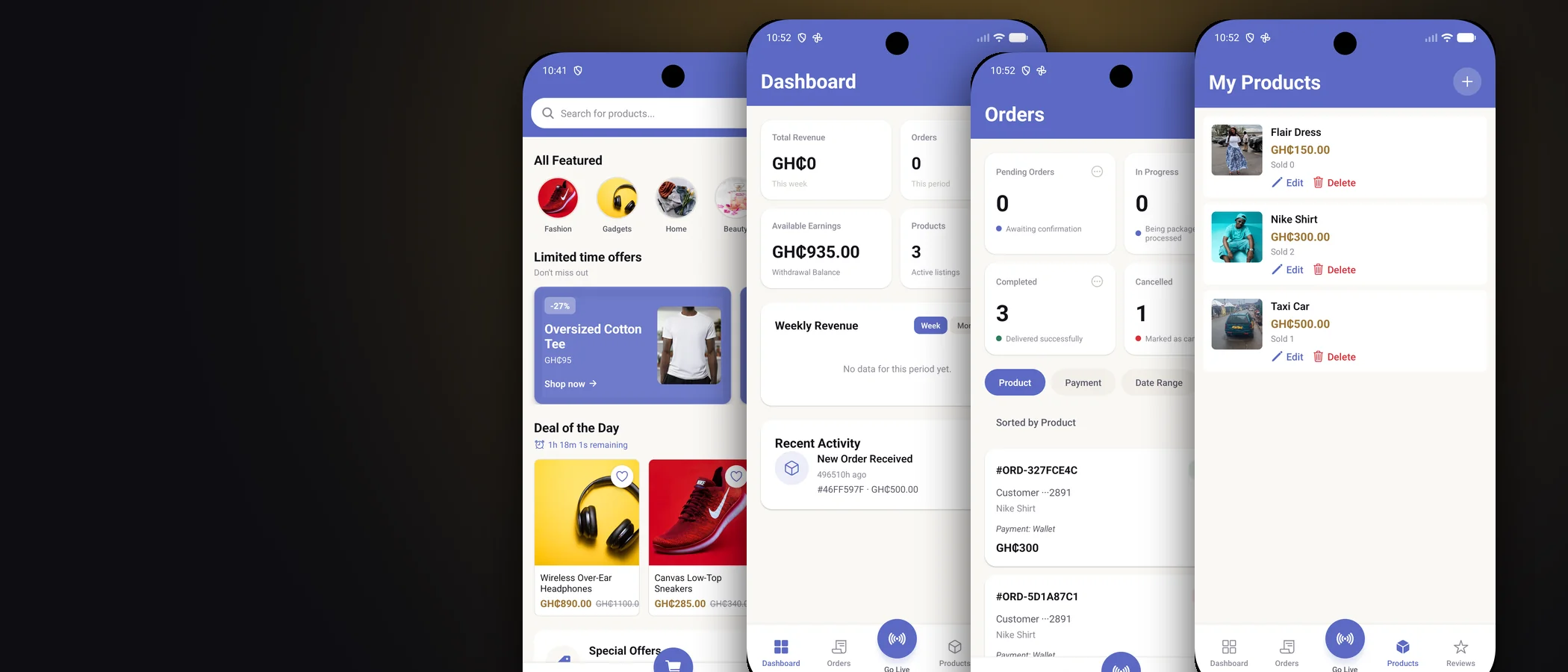 Four TradePay screens: the buyer home, seller dashboard, order list and the seller product manager