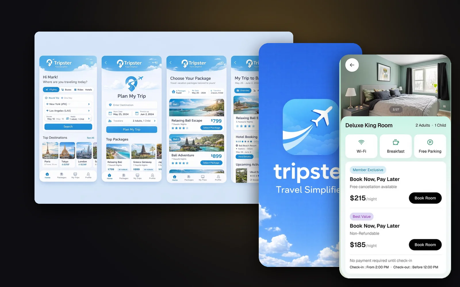Tripster concept screens for trip search and package selection, beside the app splash and a hotel room booking with nightly rates